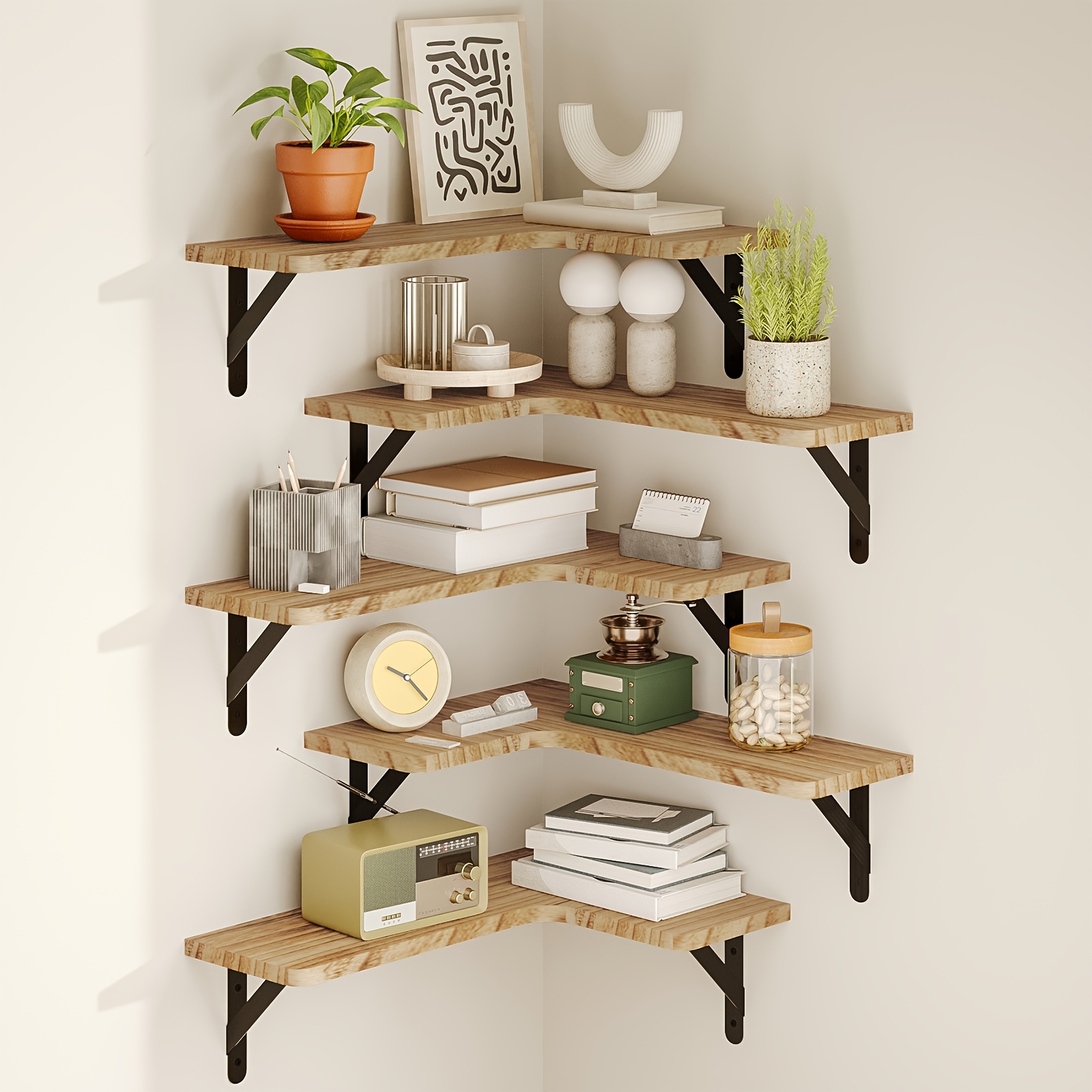 TEMU Tomnk 5pcs Corner Shelf, Floating Shelf, Retro Wall-mounted Corner Shelf, Sturdy And Durable, Load Capacity 40 , Suitable For Bathroom, Kitchen,