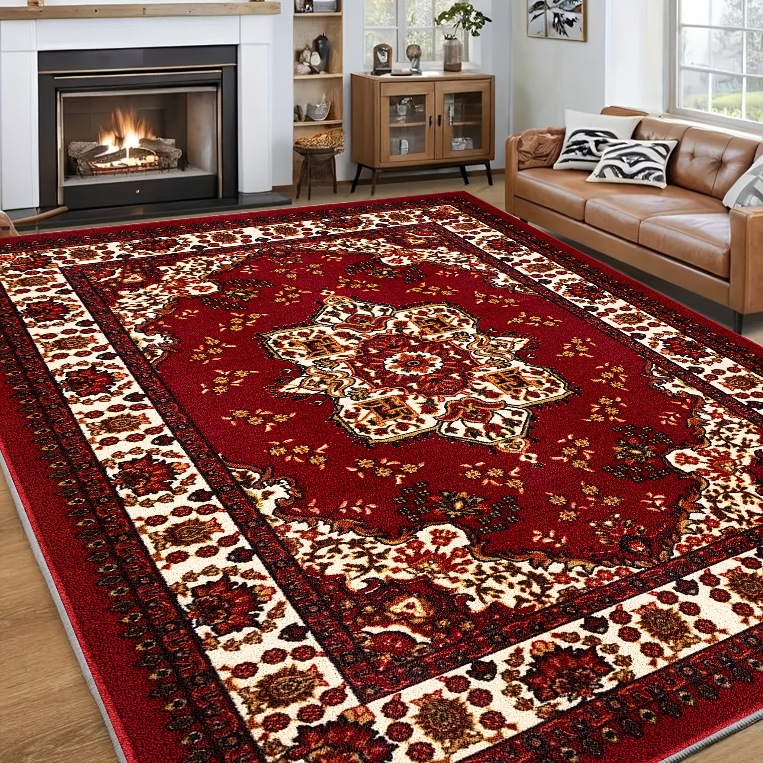 TEMU 1pc Luxurious Bohemian Persian Mat - Non-slip Backing, Machine Washable 100% Polyester Mat With Red & Golden Floral Pattern, Plush Soft Pile For