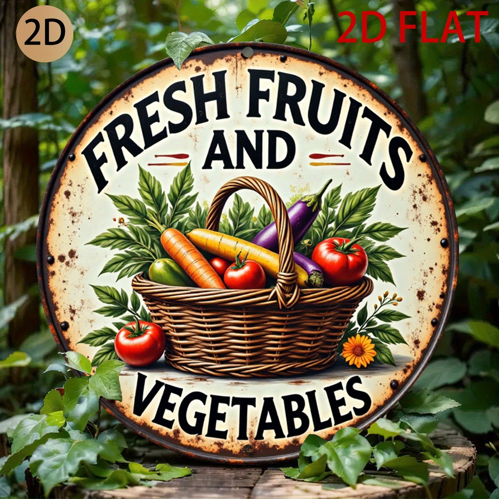 TEMU 2d Flat - A Round Metal Sign Featuring Fresh Fruits And Vegetables, Designed In A Vintage Style, Decorating A Kitchen, Home, Or Market