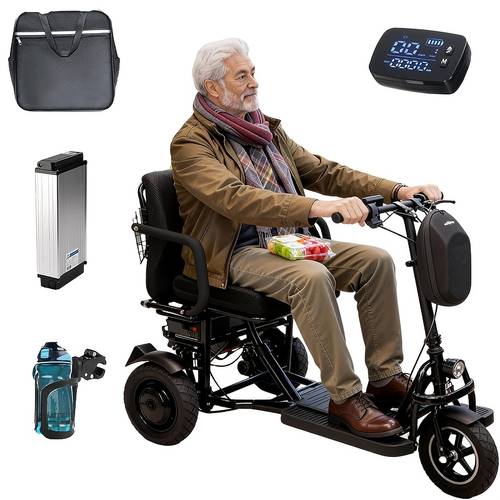 veículo de mobilidade elétrico para idosos 25km, dobrável, de 4 rodas, com carregador e cesta, bateria de lítio 8ah, motor de 300w e rodas de 20cm com absorção de