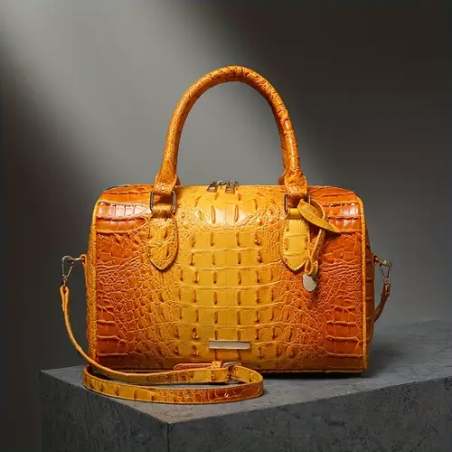 elegant crocodile pattern boston bag with detachable shoulder strap versatile crossbody handbag for women synthetic leather zipper closure khaki work and r bag luxury synthetic leather bag crossbody bag
