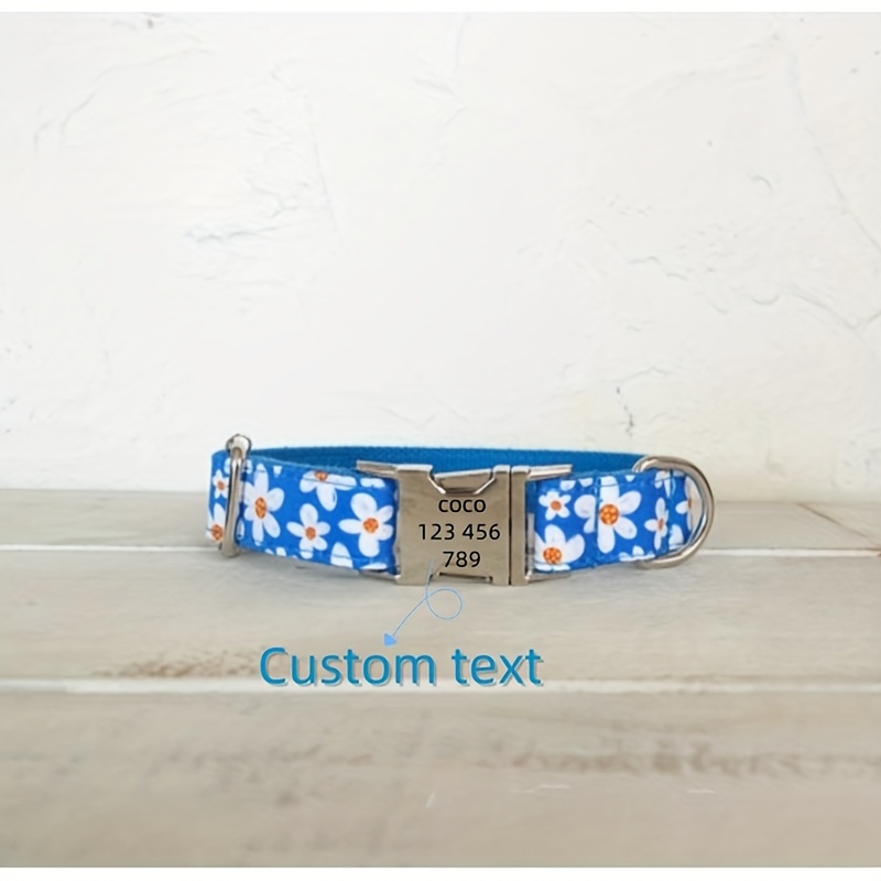 Floral Pattern Blue Daisy Adjustable Dog Collar, Customizable