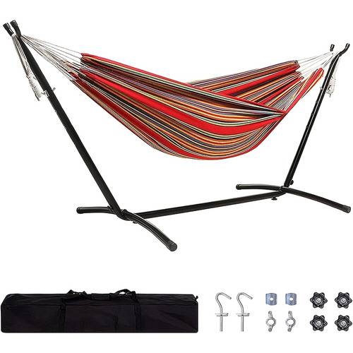 double hammock with space saving anti tip portable camping hammock multi function with storage bag supports up to 450 lbs ideal for gardens patios and outdoor camping