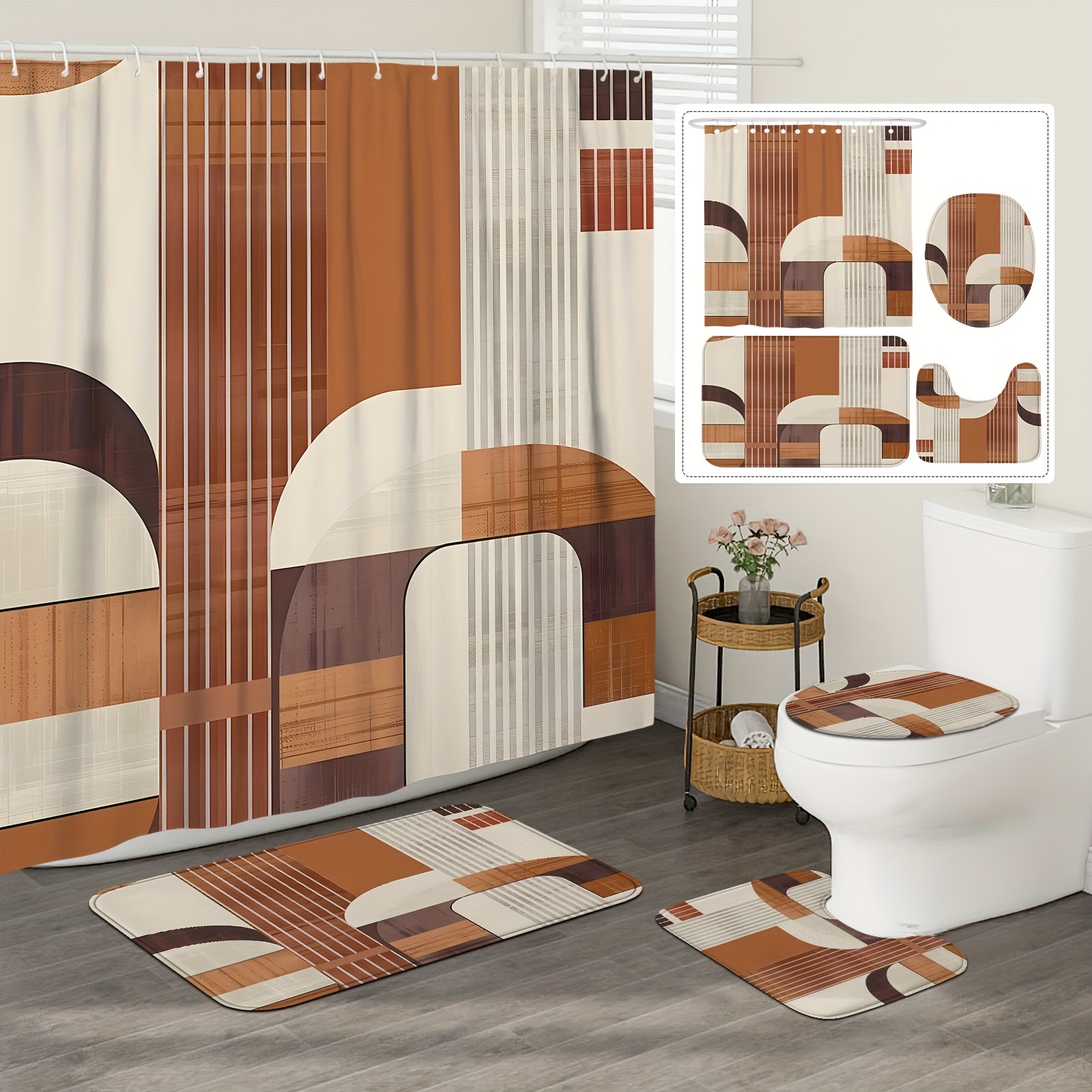 

Bohemian Geometric Shower Curtain Set: 71" X 71" Polyester Curtain With 12 Hooks, Brown, White, And Beige Bath Mat, U-shaped Toilet Mat, And Lid Cover - Machine Washable, Waterproof, And Seasonal