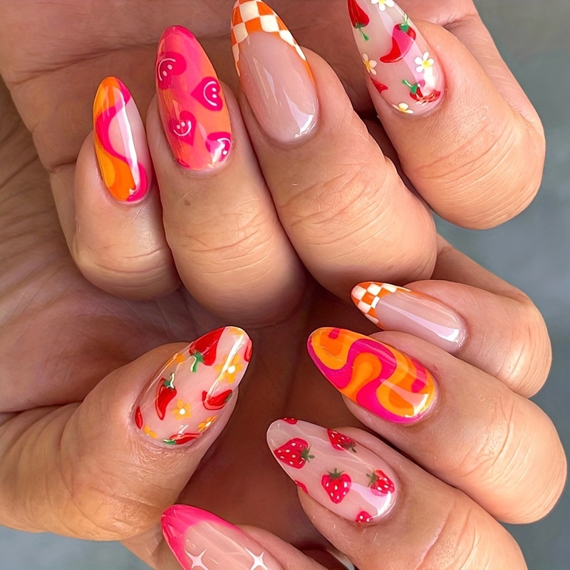 Y2k Fake Nails, 24pcs Long Almond-shaped Press-on Nails In Pop , Hot Sweet Cool Design