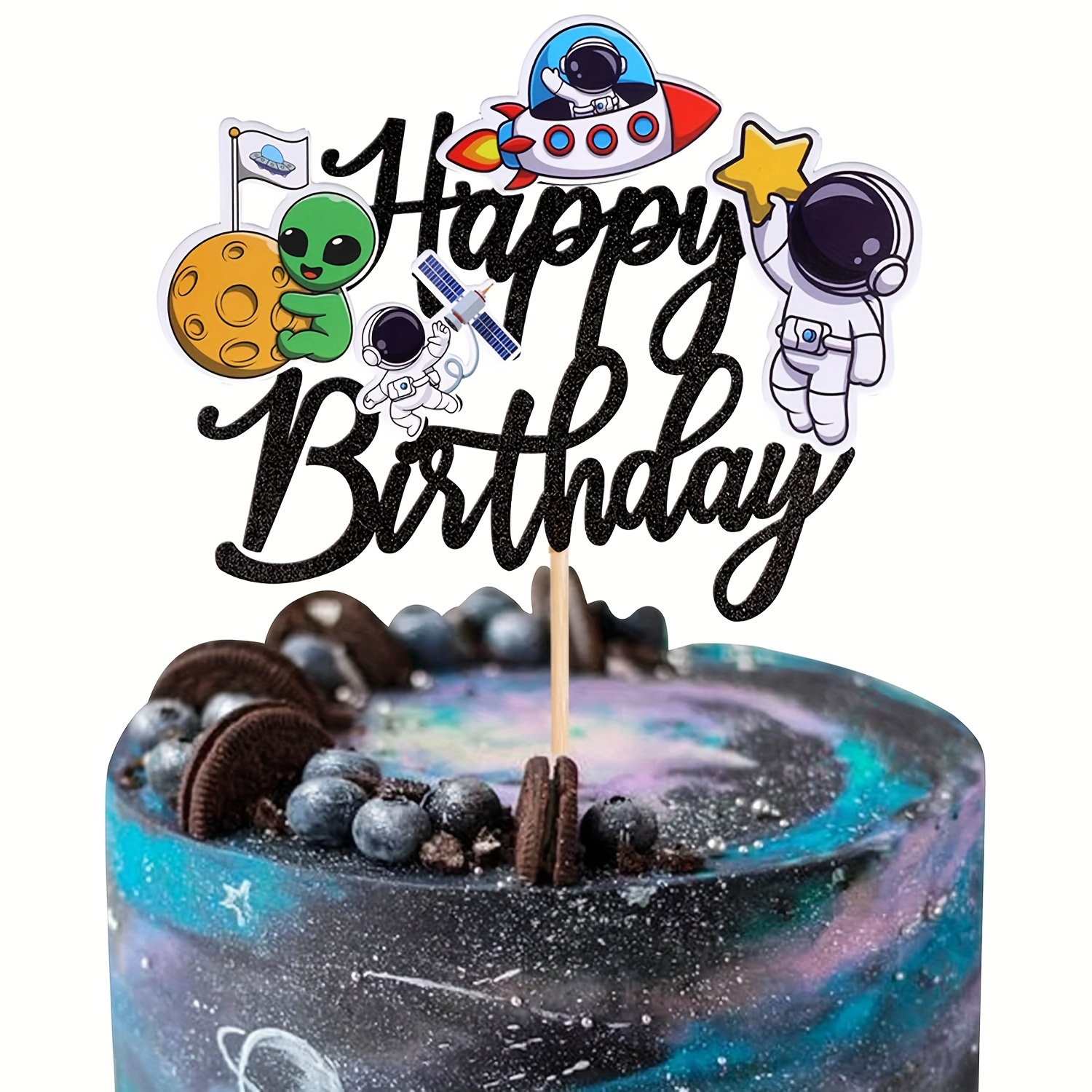 1pc Outer Space Happy Birthday Cake Topper Glitter Aliens The Moon Space Cake Pick For Outer Space Theme Baby Shower Birthday Party Cake Decorations Supplies Black