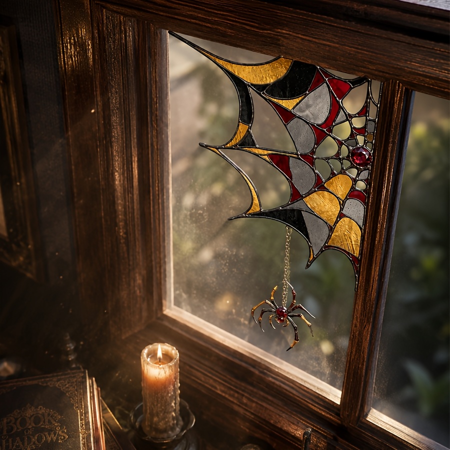 Image of Vintage Stained Glass Web With Hanging Pattern, Halloween Static Cling Window Sticker, Double-sided Visibility, No Glue No Residue Reusable Decals For Bar Haunted House Halloween Glass Decor