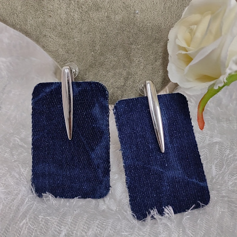 

Boho Chic Ombre Denim Square Earrings For Women - Stainless Steel Post, Alloy & Polyester, Perfect For Everyday & Party Wear