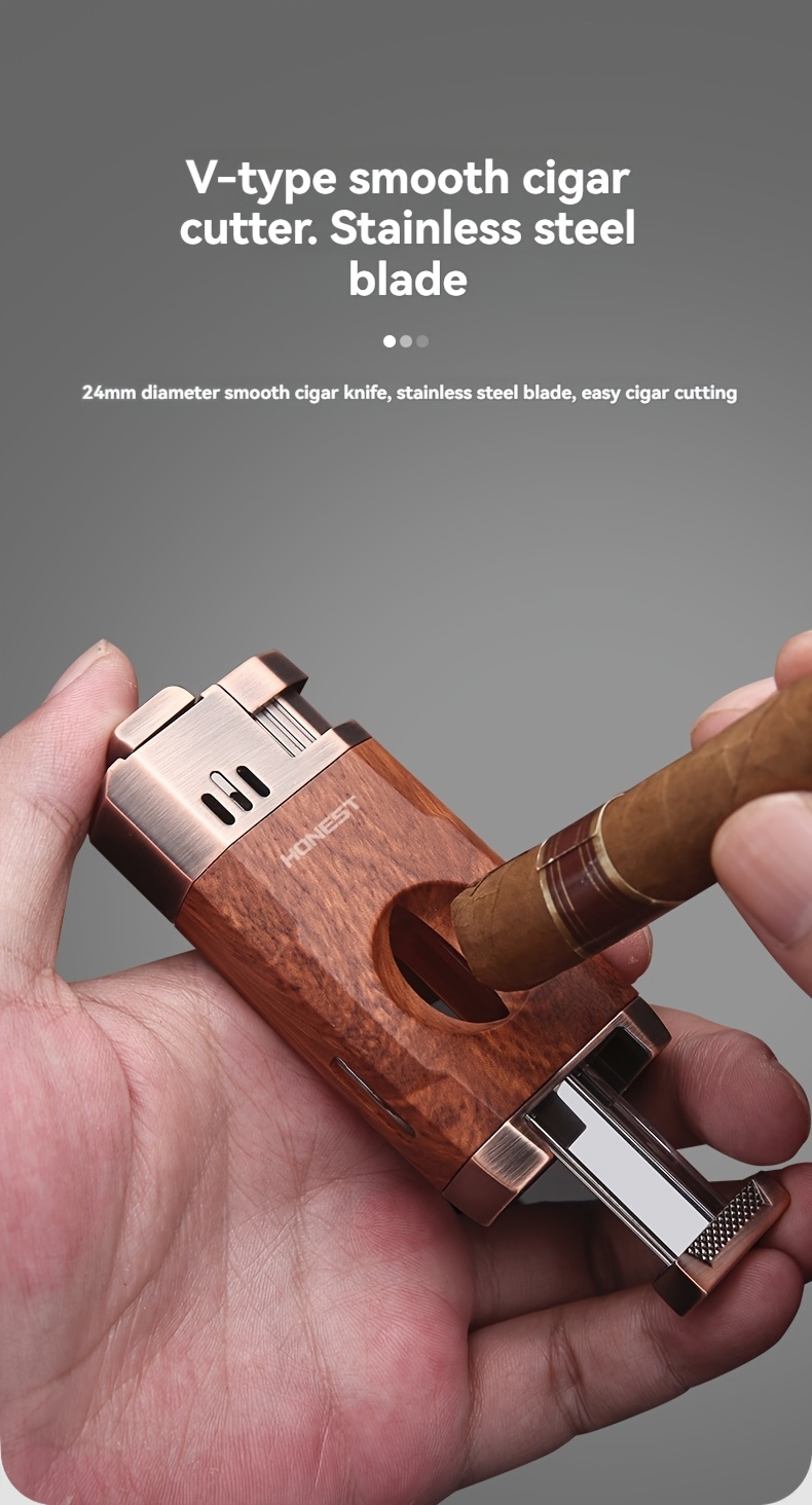 (Fuel Not Included) Cigar Lighter, Torch Lighter With V-shaped Cigar Cutter, Built-in Cigar Clip, Visible Air Window, Cigar Torch Lighter, Cool Lighter Suitable For Candles, Dual Windproof Jet Flame, Integrated Torch Cigar Lighter With Double Flame