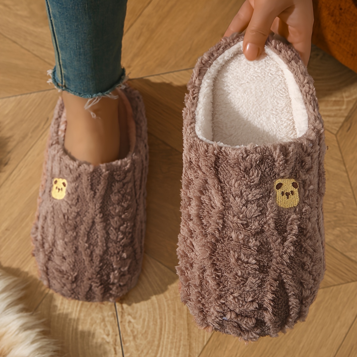 TEMU Women's Autumn Winter Home Slippers, Bear Embroidery Striped Plush Slippers, All-fabric Soft Sole Plush Slippers, Soft And Comfortable Insole,