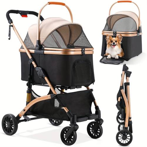 dog stroller foldable pet stroller 3in 1 pushchair with storage basket net window cup holder 360 wear resistant rubber wheels dog travel carrier for small dogs cats