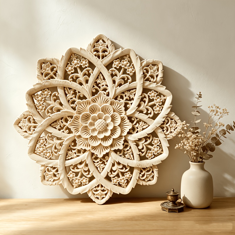 TEMU 1pc, Multi-sided Hollow Wooden Carving Pendant, Door Window Decorative Sign, Wooden Sculpture Ornament, Rubberwood Flower Shape, Chinese