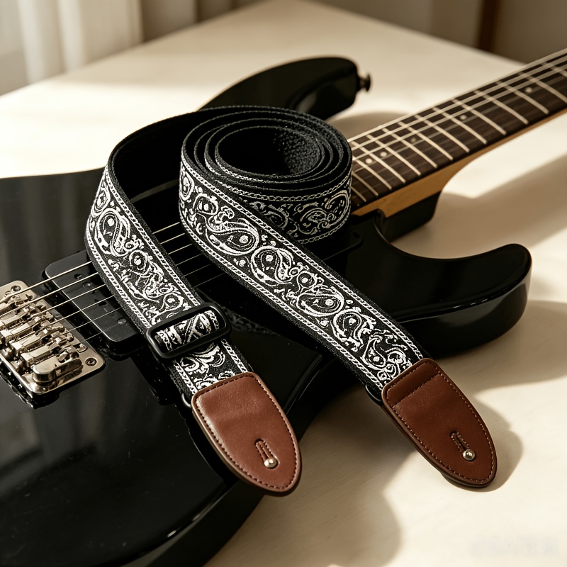 TEMU 5pcs/set 1pc And White Embroidered Guitar Belt, With 3pcs Picks And 1pc Laces, Suitable For For Home Practice And Performances. Applicable For