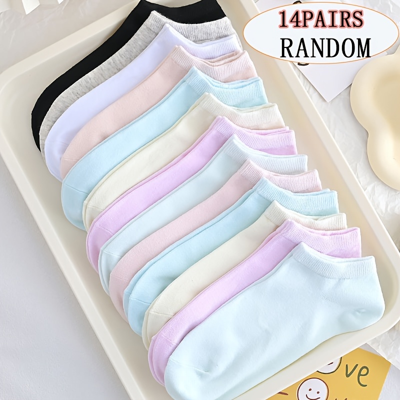 Women's Spring Summer Thin Macaron Random Color 14 Pairs Pack Women's Shallow Mouth Short Socks, Random Color Matching, Suitable For Wear Unisex Style