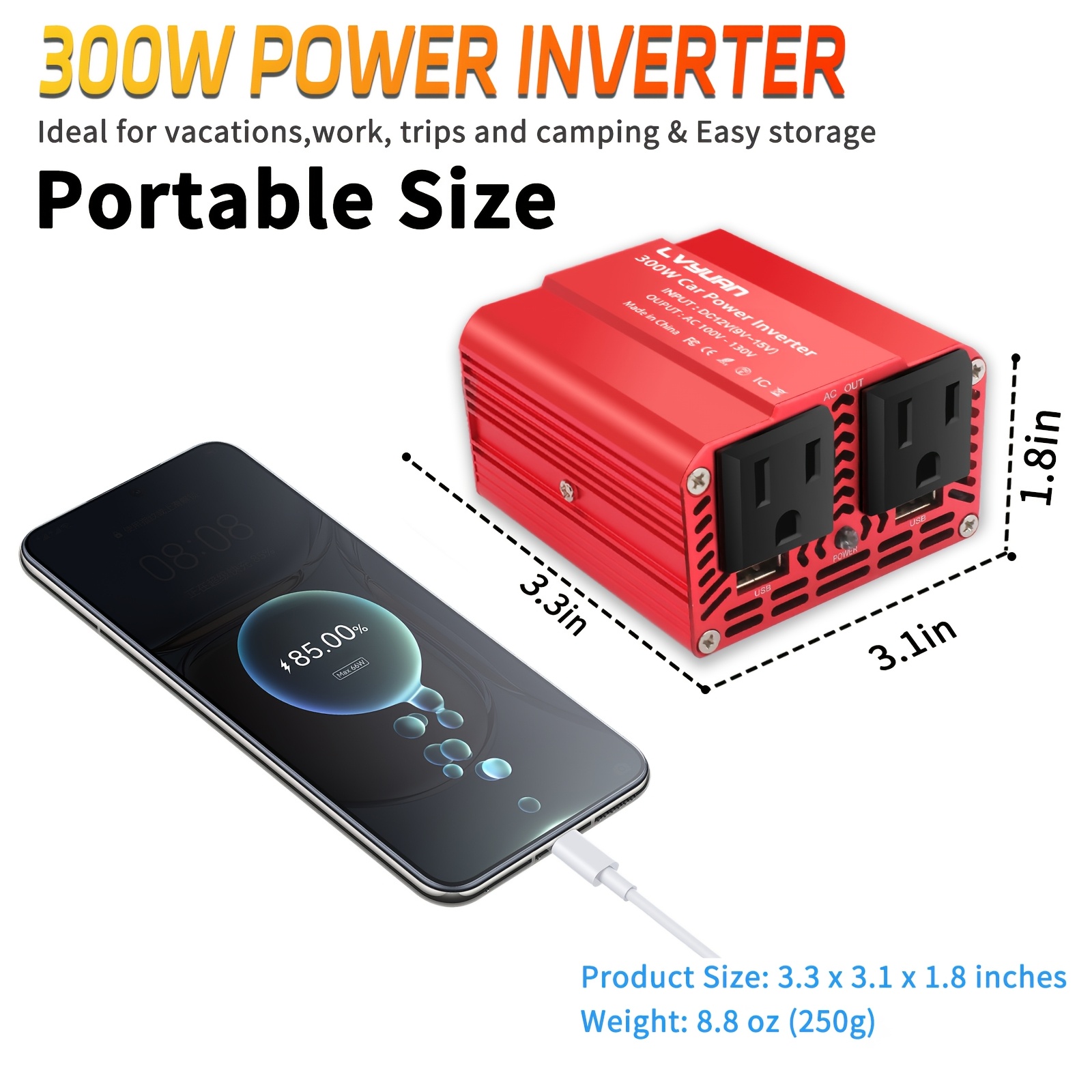 TEMU Lvyuan Car Power Inverter 1300w/(2600w )1000w/(2000w ) 12v To 110v To Ac Car Inverter With 3.1a Usb Car Adapter, Universal Portable Adapter For