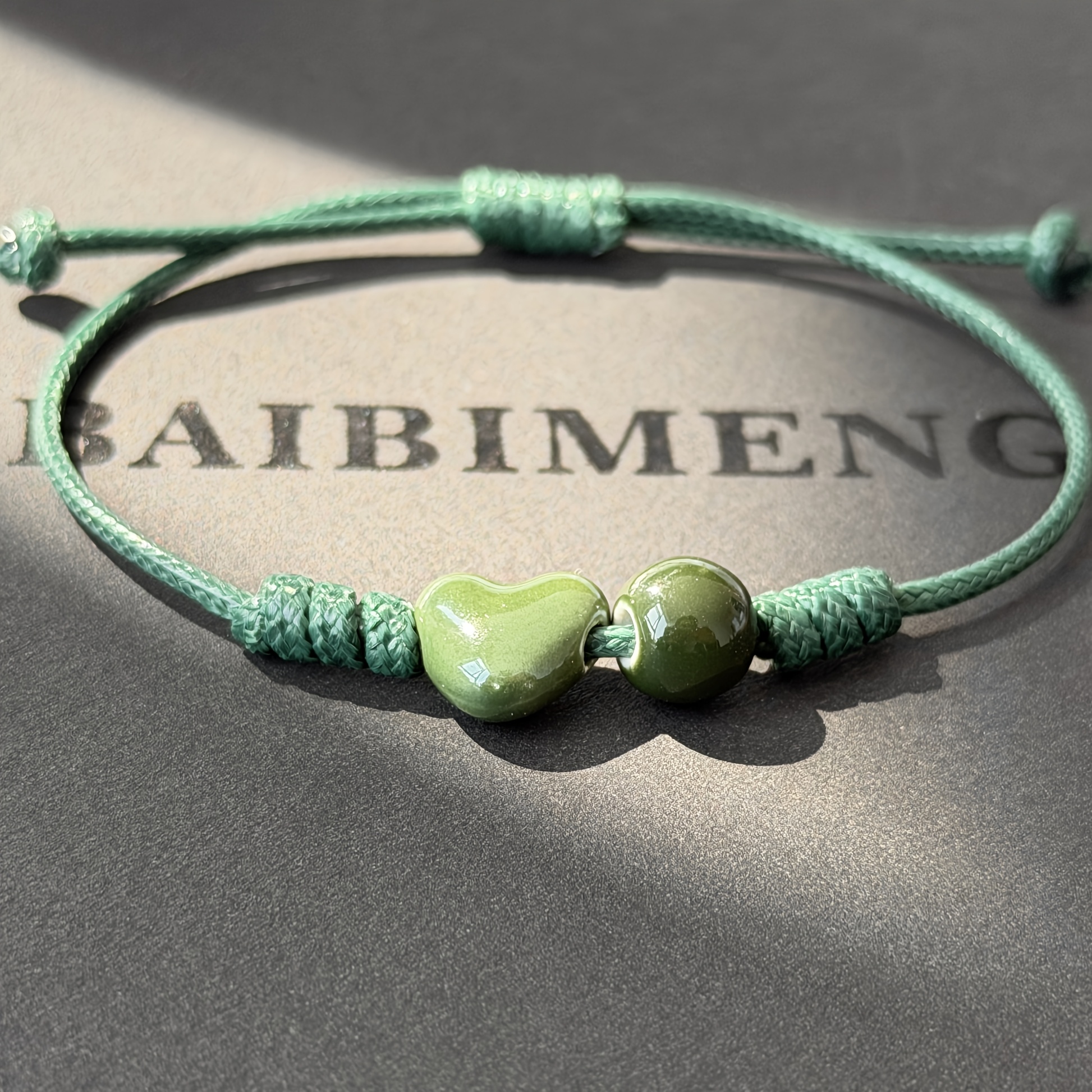Women's Handmade Ceramic Green Heart Bracelet, Adjustable Length