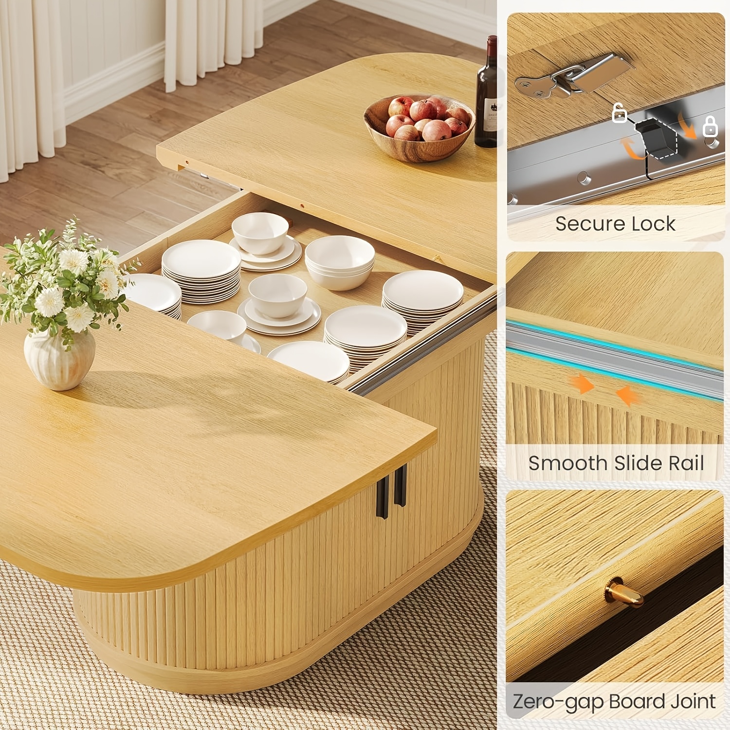 47''-63'' Extendable Dining Table Suitable for 4-8 People, Expandable Modern Fluted Kitchen Table with 2-Tier Storage Shelf, Space-Saving Folding Table for Small Apartments, Folding Mechanism & Natural Wood, Assembly Required