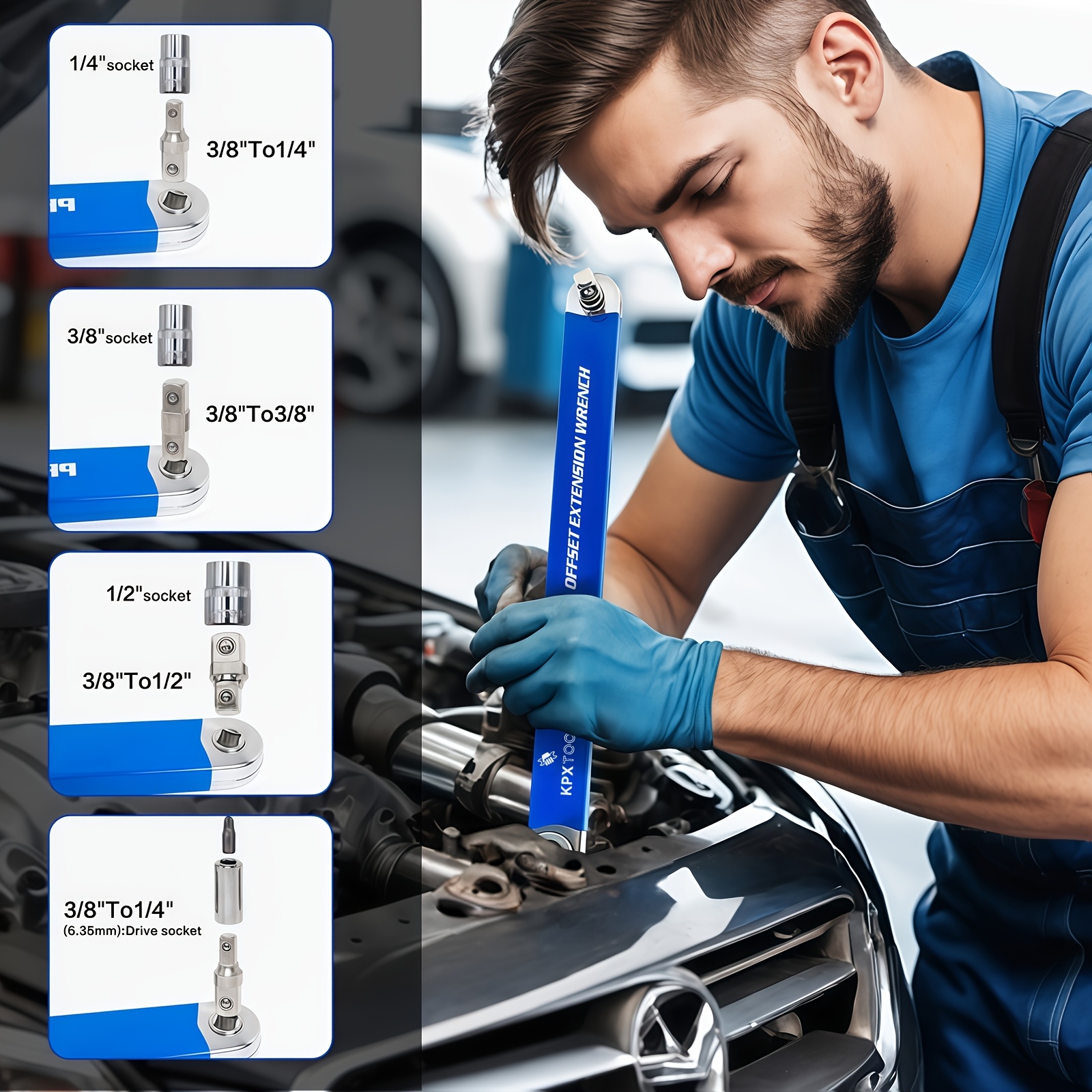 2合1多功能棘轮偏置延长扳手，配有1/2、1/4和3/8方头转接器，适用于狭窄空间，180度旋转、大扭矩、防滑手柄、耐用金属材质，适用于小型通用延长扳手，汽车维修手动工具 商品详情 7