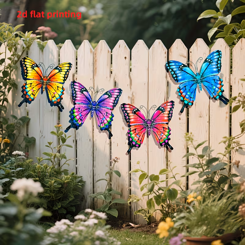 2d flat printing 4pcs colorful wall art iron ornaments suitable for garden courtyard living room bedroom terrace balcony no electricity needed outdoor fence art decoration ideal gift for 2d flat details 1