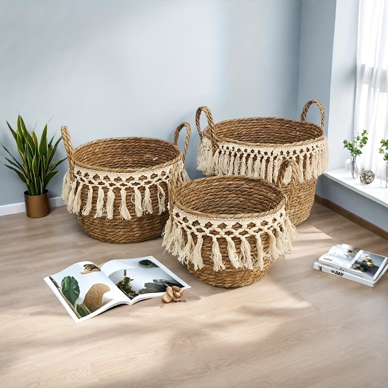 3pcs Round Storage Baskets designed with Lace, Natural Decorative Braided Rope Baskets with Handles for Shelves Blankets Organizing, Storage Basket Planters, Boho Decor for Entryway, Living Room, Bedroom, Fall decorations for home, Laundry Baskets