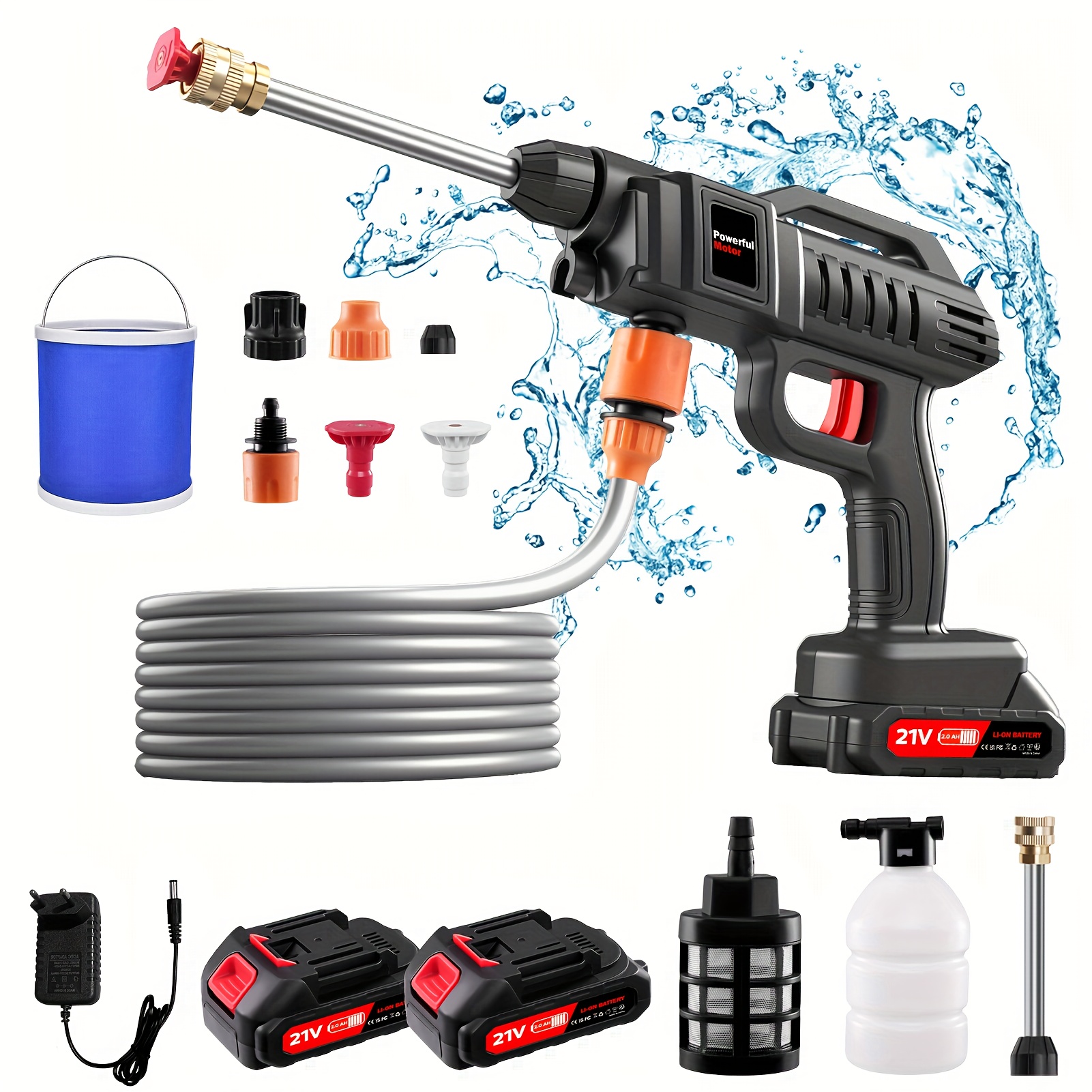 TEMU Cordless Power Washer Portable Pressure Washer, 21v High Pressure Cleaner Jet Car Washer, 2x Rechargeable Battery, Charger, Nozzles, Foam
