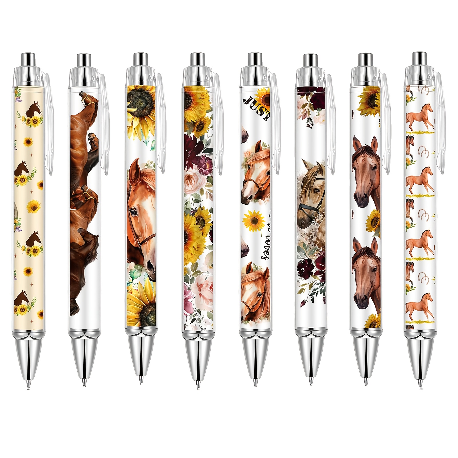 Image of 8/16pcs Of Horse And Sunflower Pattern Ballpoint Pens, Cute Writing Pens With Black Ink, Suitable For School And Office Supplies, Perfect Gifts For Equestrian Enthusiasts And .