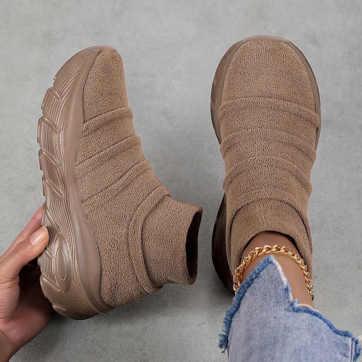 TEMU New Autumn/winter Khaki Plush-lined High-top Platform Slim-fit Height-increasing Women's Sneakers, Snow Sports Shoes, Lightweight Outdoor