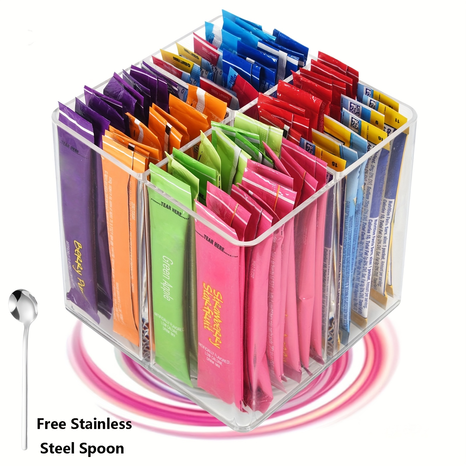 TEMU 1pc Rotating Storage Organizer With Free Spoon - Multi-compartment Square Box Suitable For Tea Bags, Drink Packets, Powdered & Snacks, Plastic