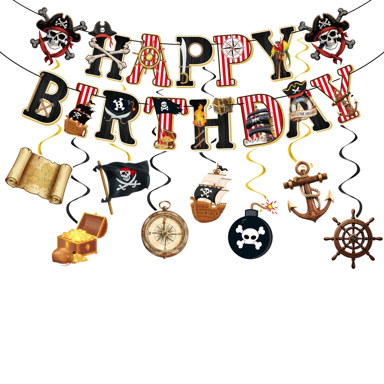 Image of 23pcs Pirate Birthday Party Decorations Pirate Hanging Swirl Banner Decoration Birthday Party Ceiling Wall Streamer Decor For Pirate Shower Birthday Party
