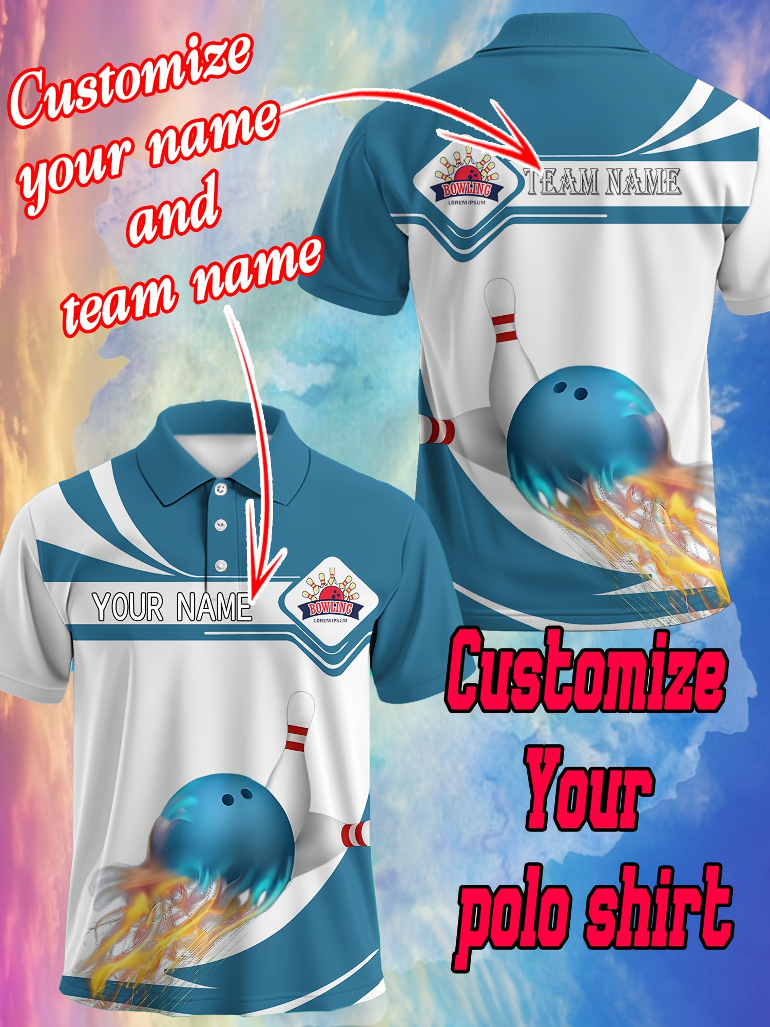 Customizable Bowling-Themed *'S * Shirt - Blue \u0026 White with Dynamic Bowling  Ball Design, Personalized Name \u0026 Team Logo * Bowling Clubs, Casual Wear,  and Gifts, Bowling Accessories, image size:800x1067