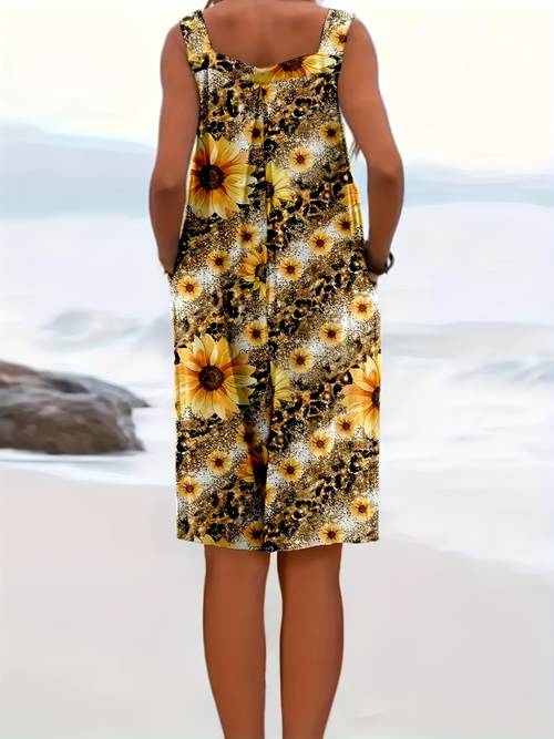 sleeveless chic sunflower print romper casual polyester spandex blend machine washable adjustable straps knee length jumpsuit with pockets for women
