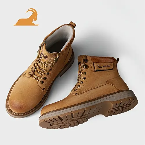 남성용 정품 하이탑 부츠 - 캐주얼 & 야외 하이킹용 신발, 고무 밑창, 레이스업 디자인, 라운드 토, 사계절 착용 가능, 탄색, 내구성 있고 스타일리시한 일상용, 하이킹 부츠