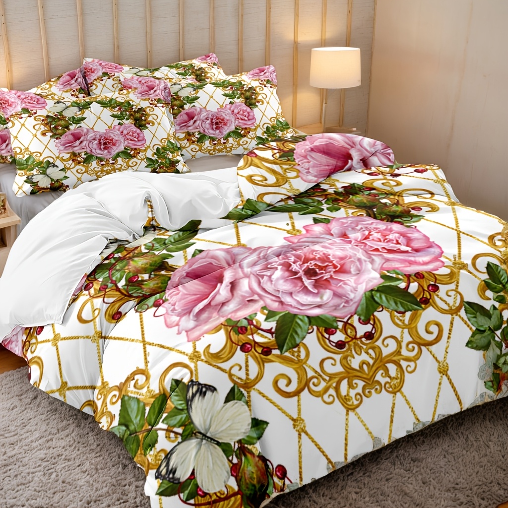 Luxury 3pcs Baroque Modern Art Duvet Cover Set - Soft Breathable Polyester, Geometric Floral Pattern - Includes 1pc Duvet Cover And 2pcs Pillowcases