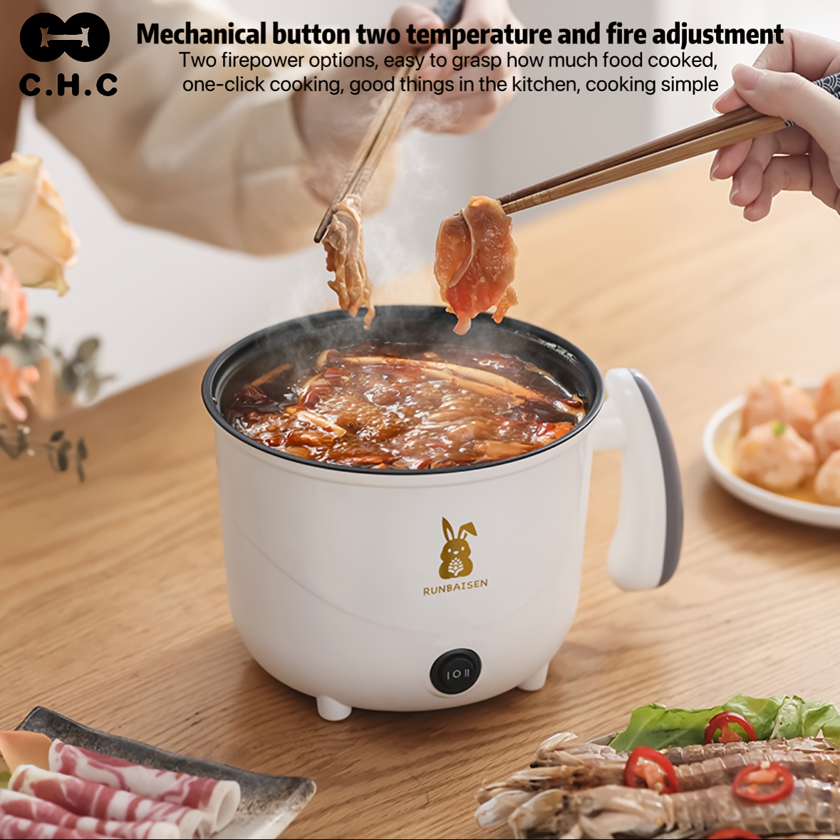 chc european standard single layer electric cooker electric frying pan 1 8l capacity multifunctional rice cooker student electric pot   small rice cooker one pot     dishes cooking two heat levels adjustment mechanical button easy operation   for one person dining suitable for   by two people non stick inner liner light smoke   oil   meal cleaning