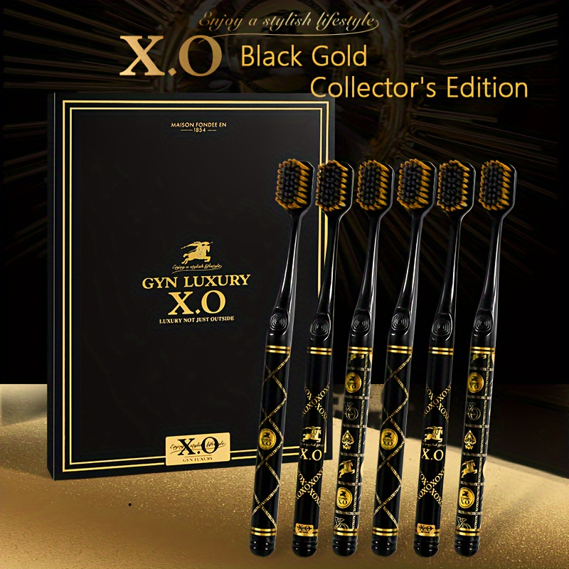 

6pcs High Luxury& Head& Soft Household& Adult Toothbrush&black Gold Stamping Brush Handle