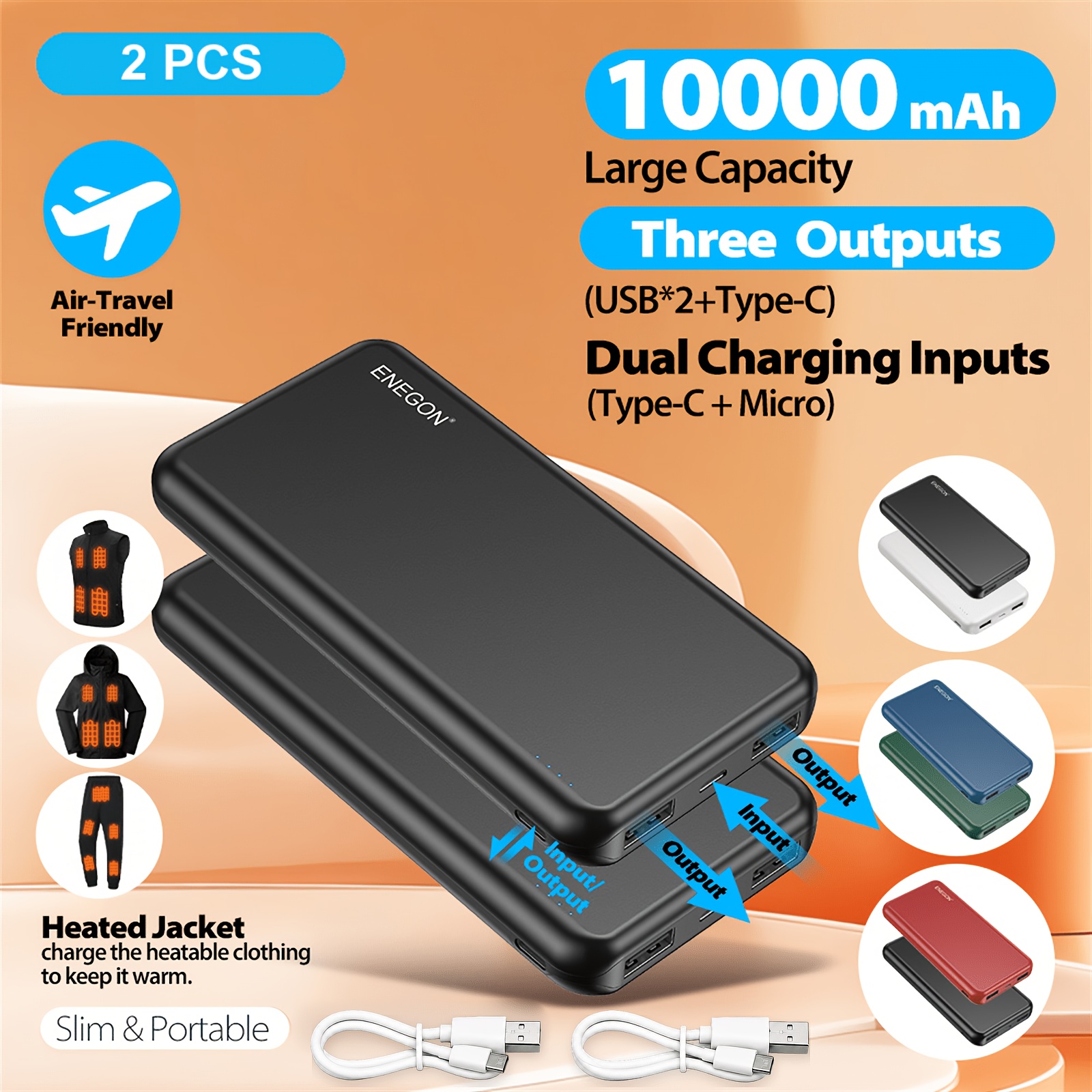 Image of Enegon 2pcs Portable Charger 10000mah Power Bank Battery Pack For Travel, Usb-c Input And Output, 3 Outputs 2 , Slim Portable Charger Compatible With Iphone 17/16/15, , Tablets, Flight-safe, 2 Cables