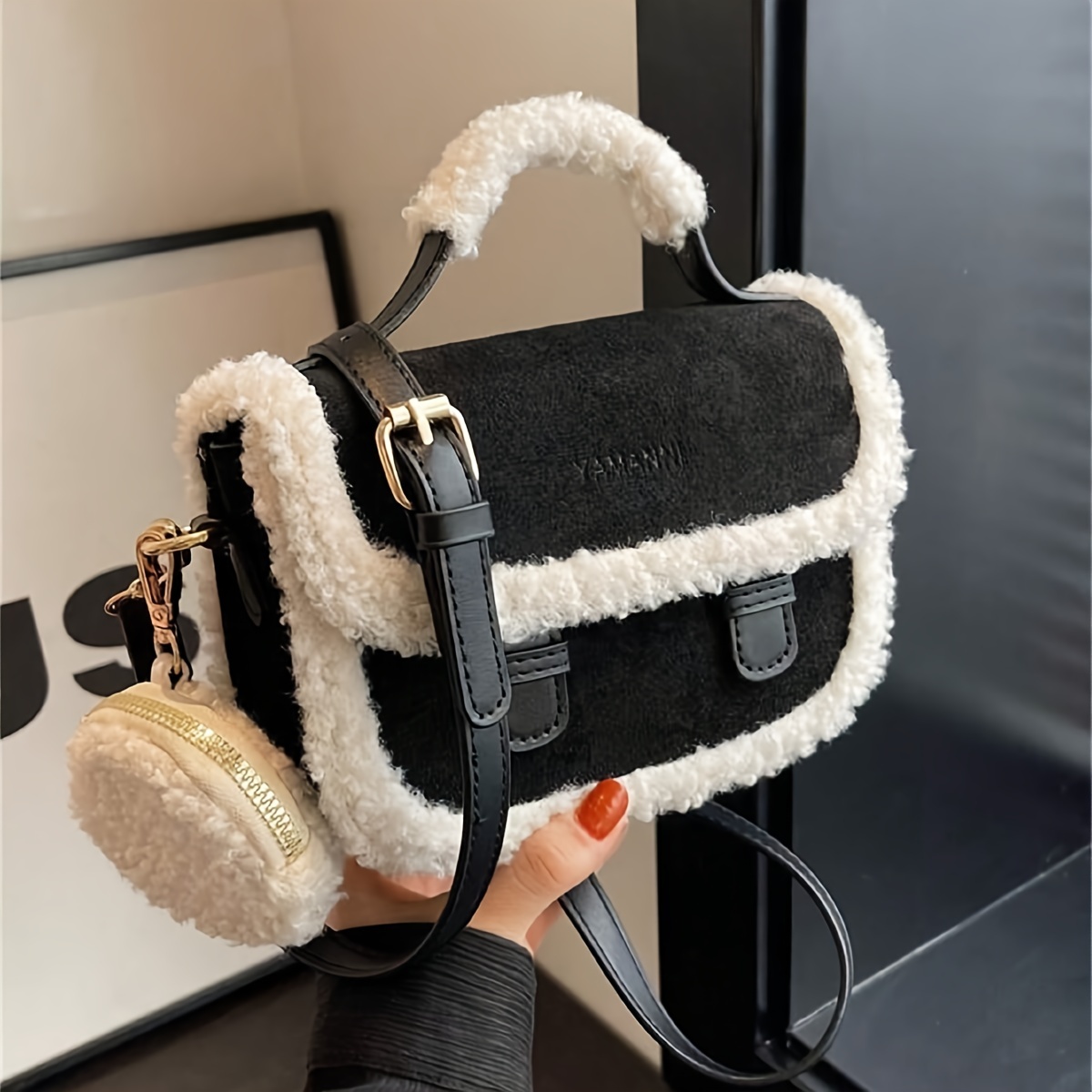 

Mini Square Handbag With Furry Trim, Magnetic Closure, Polyester Lined, Fashionable Vintage-, No Paint - Black, Khaki, Red