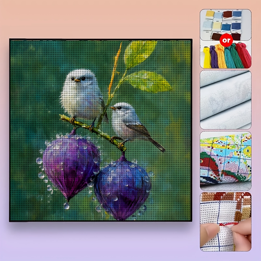 Printed Cross-Stitch DIY Kit, Two Birds Perching on a Purple Fruit Branch