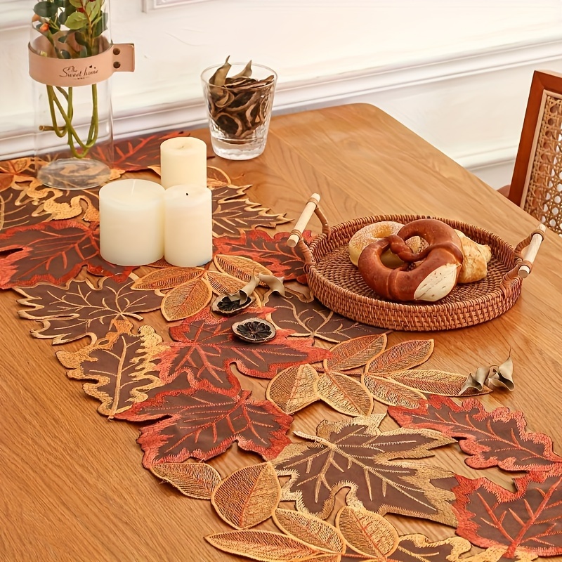 

Autumn Leaves Table Runner Non-woven Polyester Fabric For Thanksgiving Holiday Decor, Rectangular Fall Maple Leaf Design