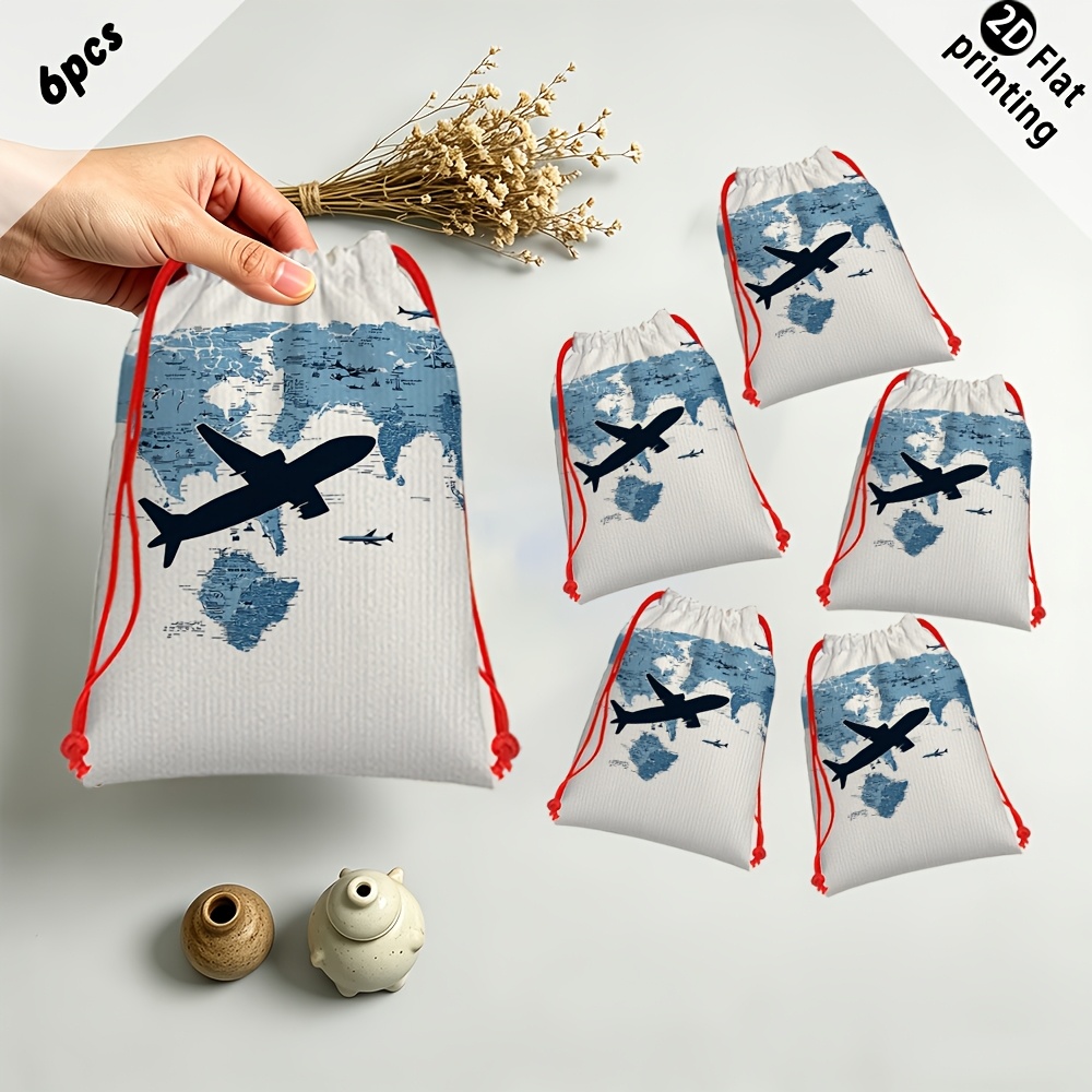 TEMU 6pcs Pack Bulk World Map Airplane Gift Bags Suitable For Parties, Large Capacity Travel-themed Drawstring Bags With Hanging Loop, Multicolor