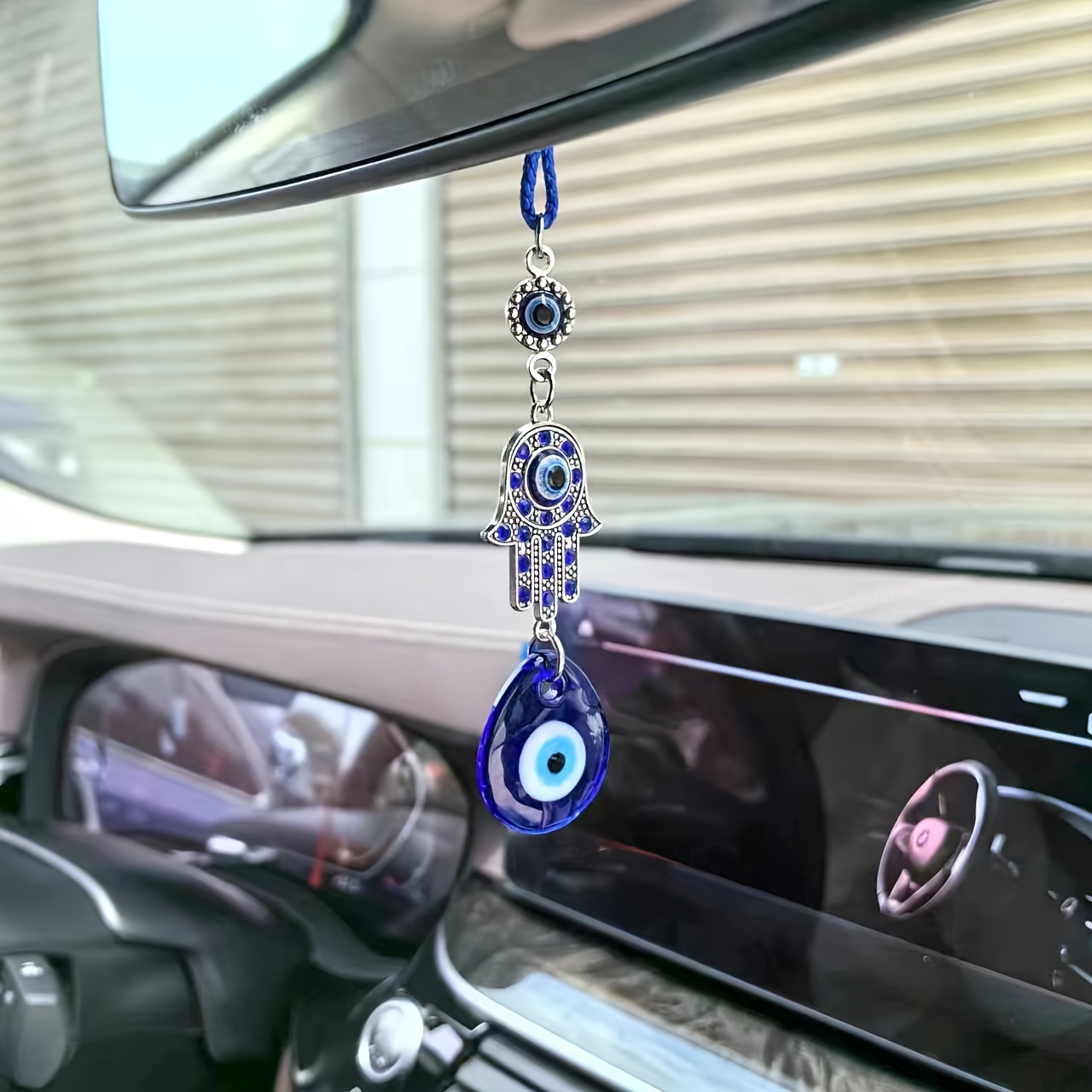 

1pc Turkish Blue Evil Eye Glass Pendant With , Car Hanging Ornament, Gift, Protective With Palm & , Sparkling Crystals, And Elegant Accent, Vehicle Mirror Decoration Or Home Decor