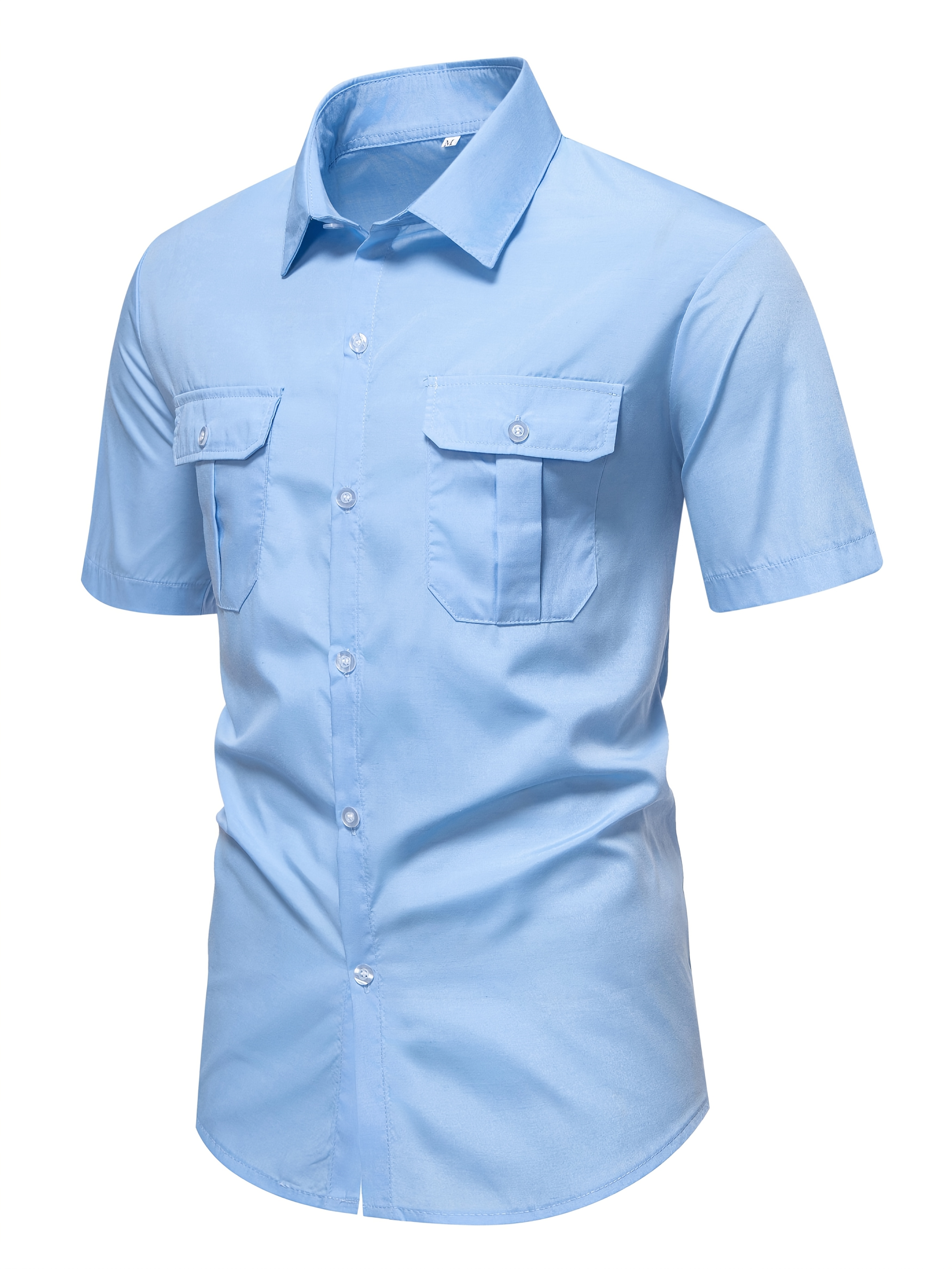 summer outdoor casual mens solid color short sleeved lapel shirt with two pockets fashionable button up cardigan for men