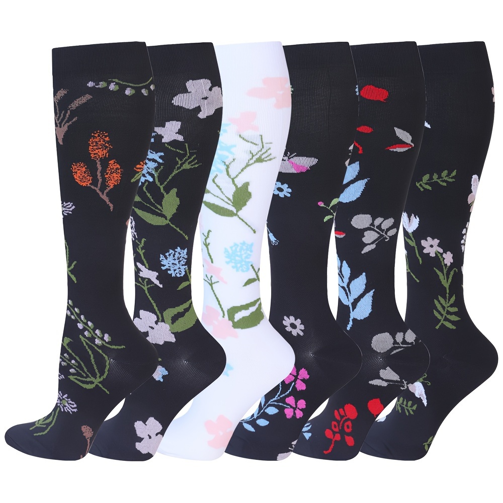 

6 Pairs Of Unisex Elastic Floral Compression Knee-high Socks, Anti Odor & Sweat Absorption, Comfy & Breathable Socks For Women Men Daily Wearing And Outdoor Activities
