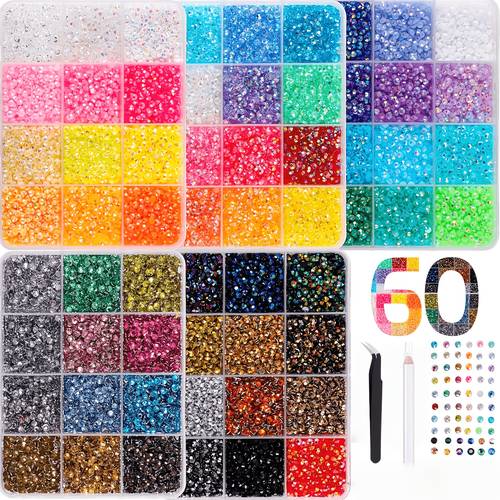 38000 Rhinestones Suitable for 60 Colors, 5 Boxes of 3Mm Flat Gemstones with Tweezers And Pickup Pens, Nail Art, Handicrafts, Clothing, Design