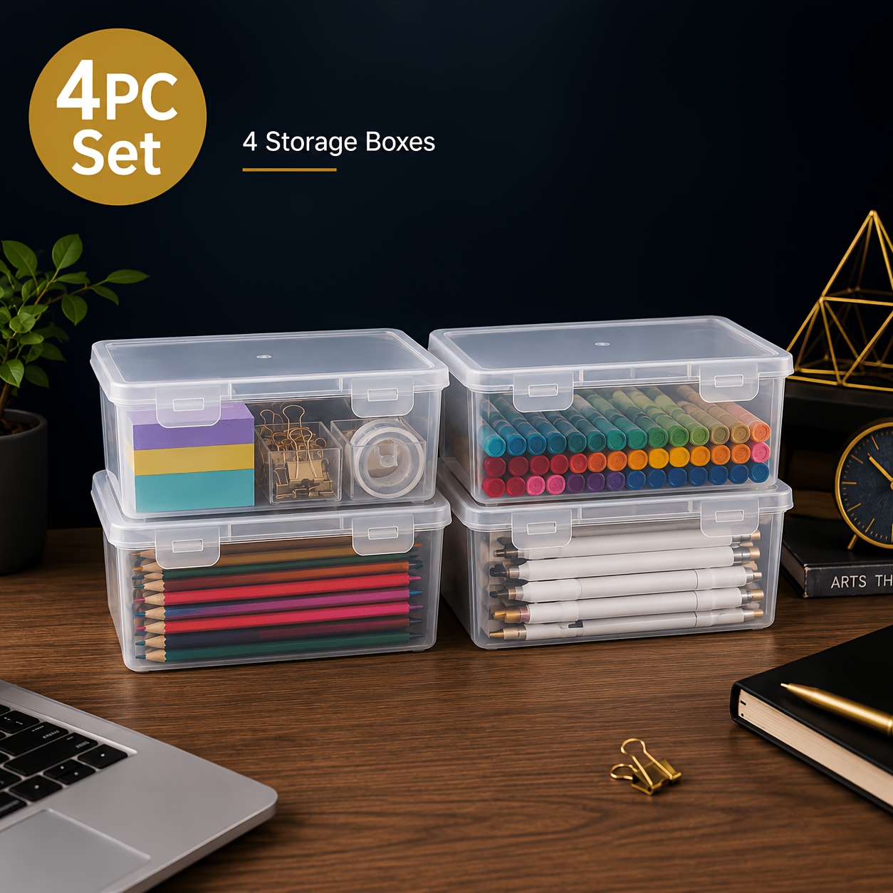 TEMU 4-pack/6-pack Options, Large Transparent Pp Pencil Boxes With Lids And Safety Buckles, Lightweight Durable Stackable Desktop Organizers For