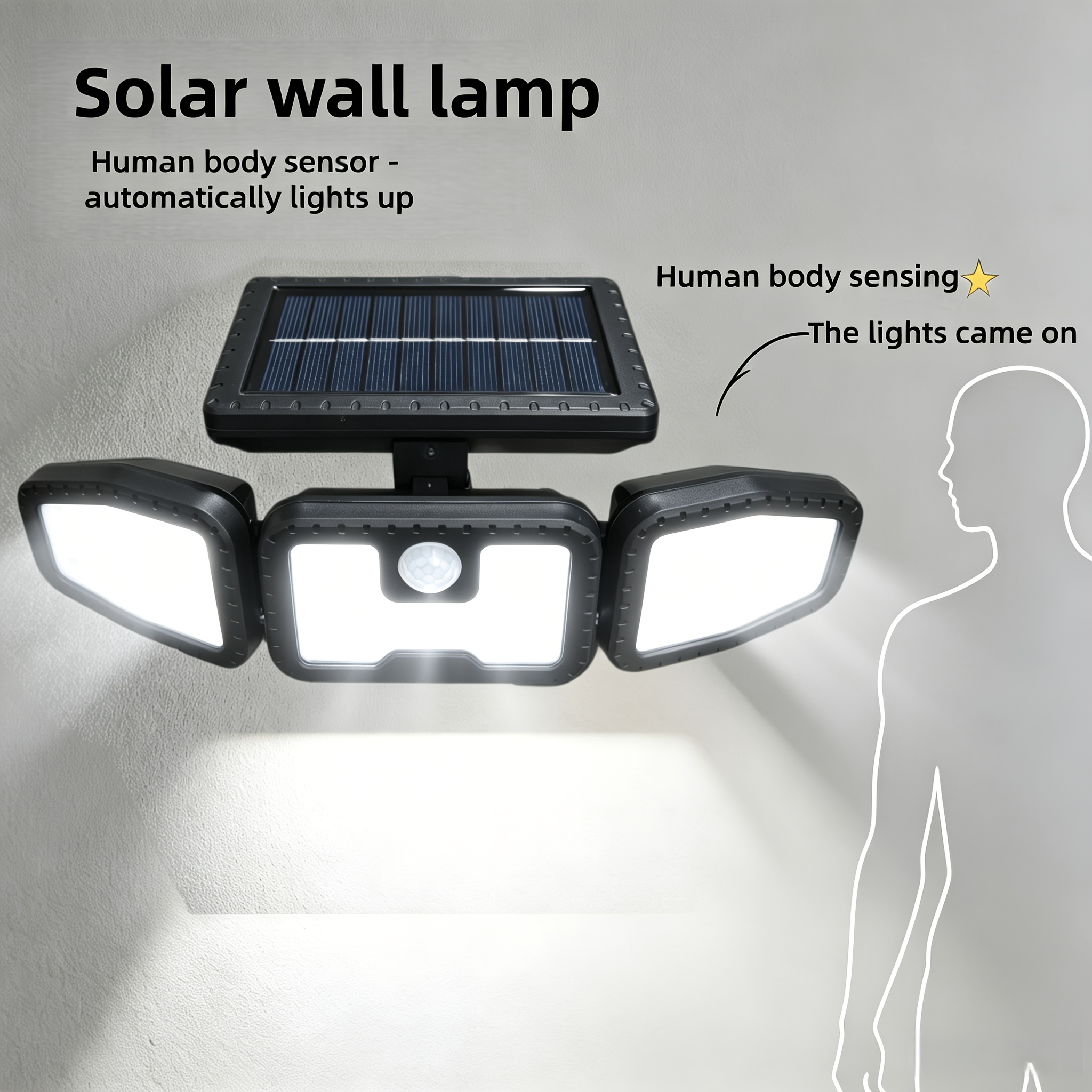 TEMU lampe de rue solaire à têtes avec détecteur de mouvement, lampe murale d'extérieur à 71 LED pour cour, capteur de de intelligent intégré qui s'
