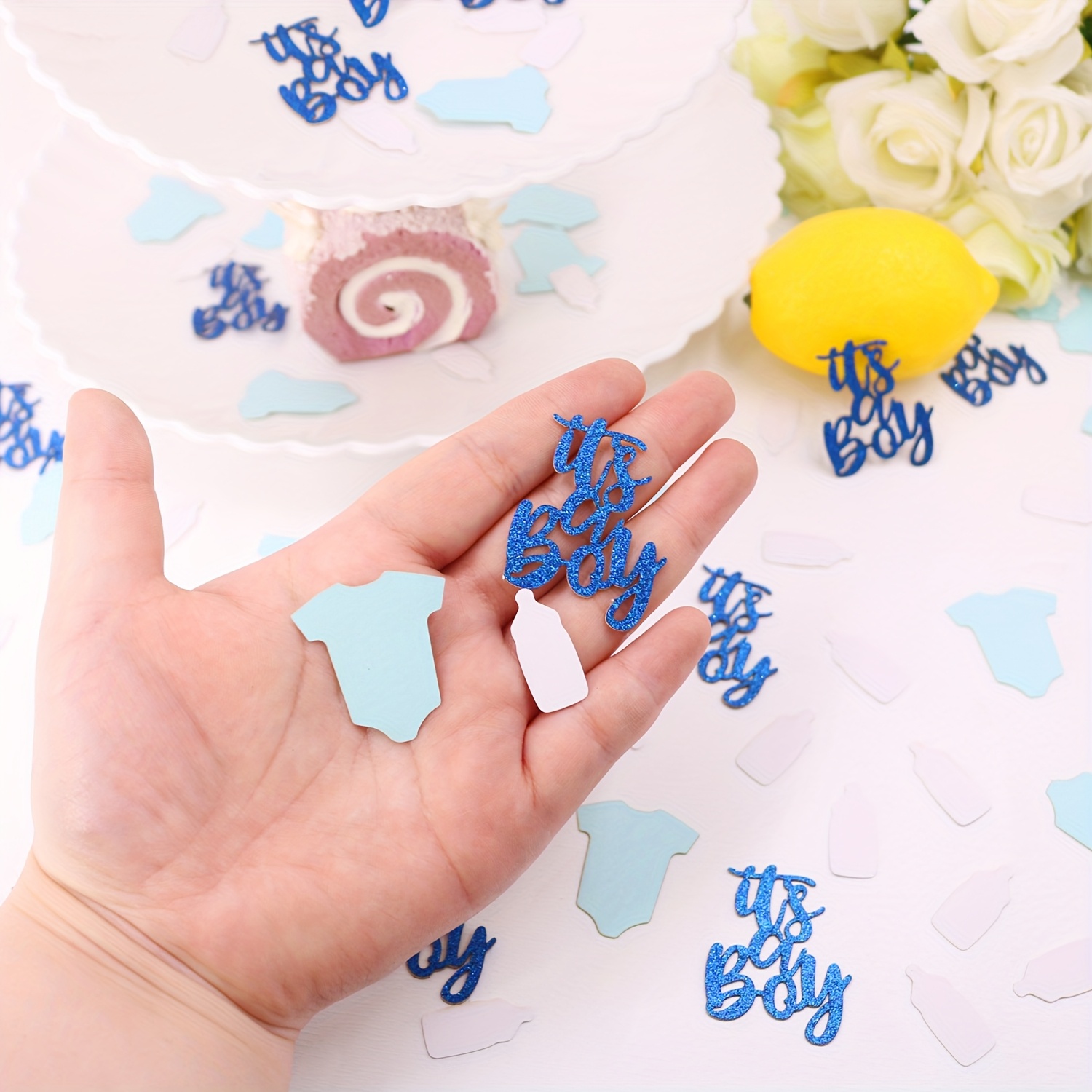 Image of 100pcs, Sparkling A Boy Small Clothes Desktop Decoration Colorful Paper Scraps, Used For Parties, Gender Parties, Birthday Party Decoration Supplies