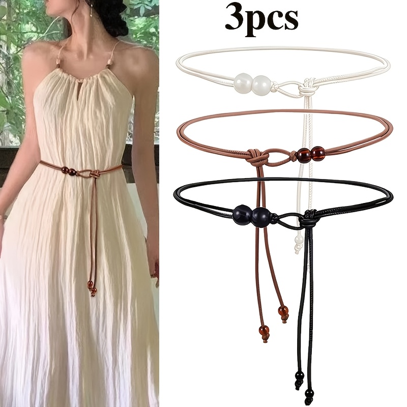 TEMU 3pcs Women's Belts, Fashionable Easy Bead Embellishment Design Elegant Thin Waist Rope, Daily Match For Dresses And Casual Trousers, Waist