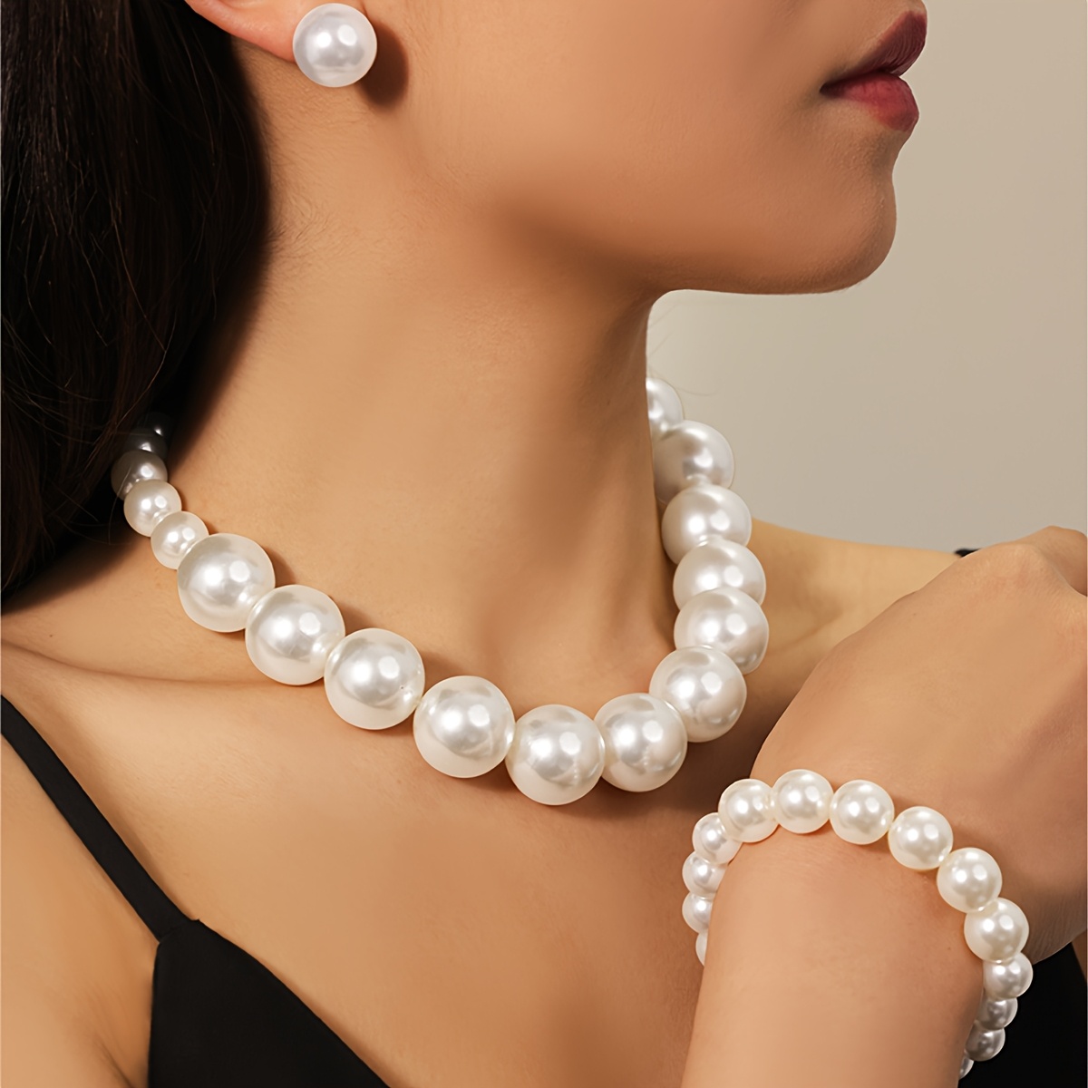 TEMU 4pcs Elegant Pearl Jewelry Set - Vintage & Boho Style Necklace, Bracelet, Earrings For Women - Ideal For & Special Occasions,