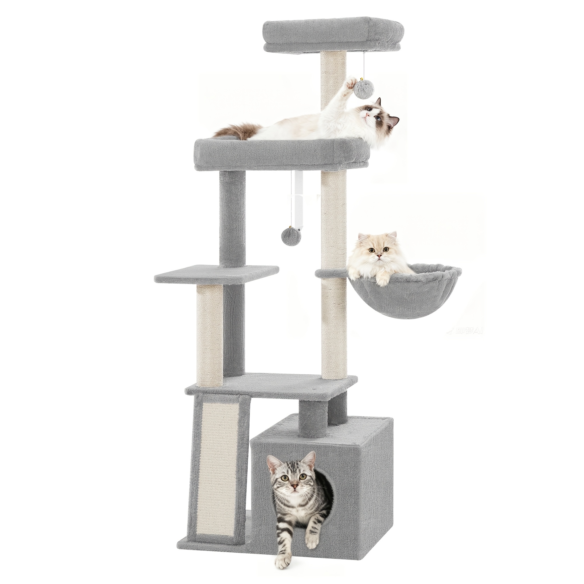 Cat Tree For Indoor Cats, 144cm Cats Tower, Multi-level Cat Scratching Post With Comfy Condo, 2 Perches, Basket, Pompoms, 4 Sisal Posts, Scratching Board, Rest , Light Grey